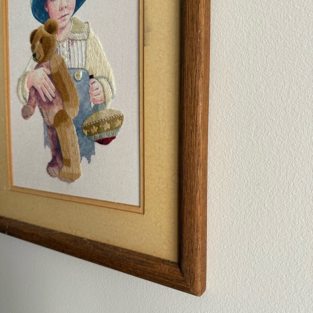 Vintage Embroidery Nursery Baby Art Wooden Framed Kid With Teddy Bear 16x20” - Picture 5 of 9